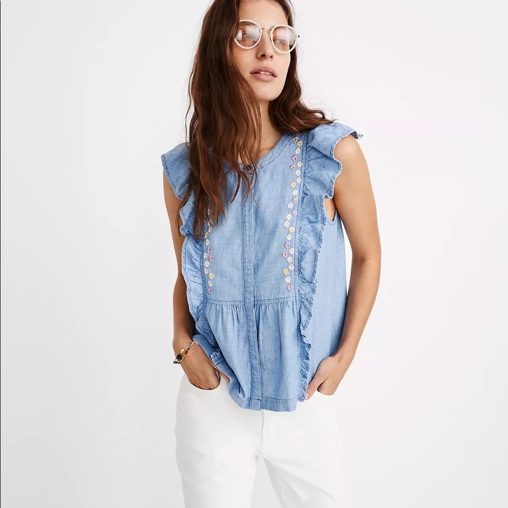 Madewell Floral Embroidered Denim Ruffle Top M